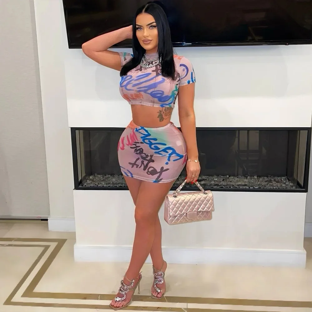 Graphic T Shirts 2 Piece Skirt Sets Mini Elegant Luxury Dress 2024 Summer Clothes Sexy Club Outfit Crop Top Two Piece Skirt Sets