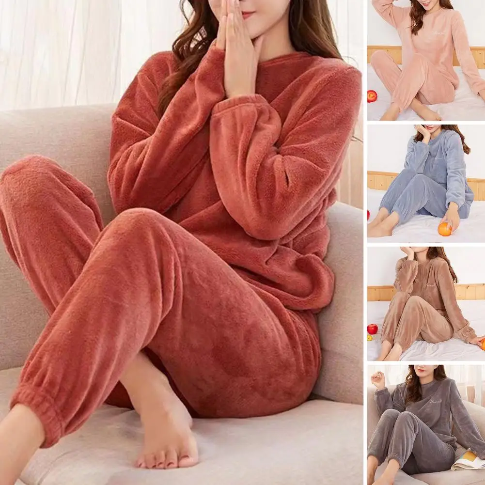 

Women Pajama Set Cozy Winter Homewear 2-piece Set of Soft Plush Pajamas for Women Resistant Elastic Waist Long Sleeve Round Neck