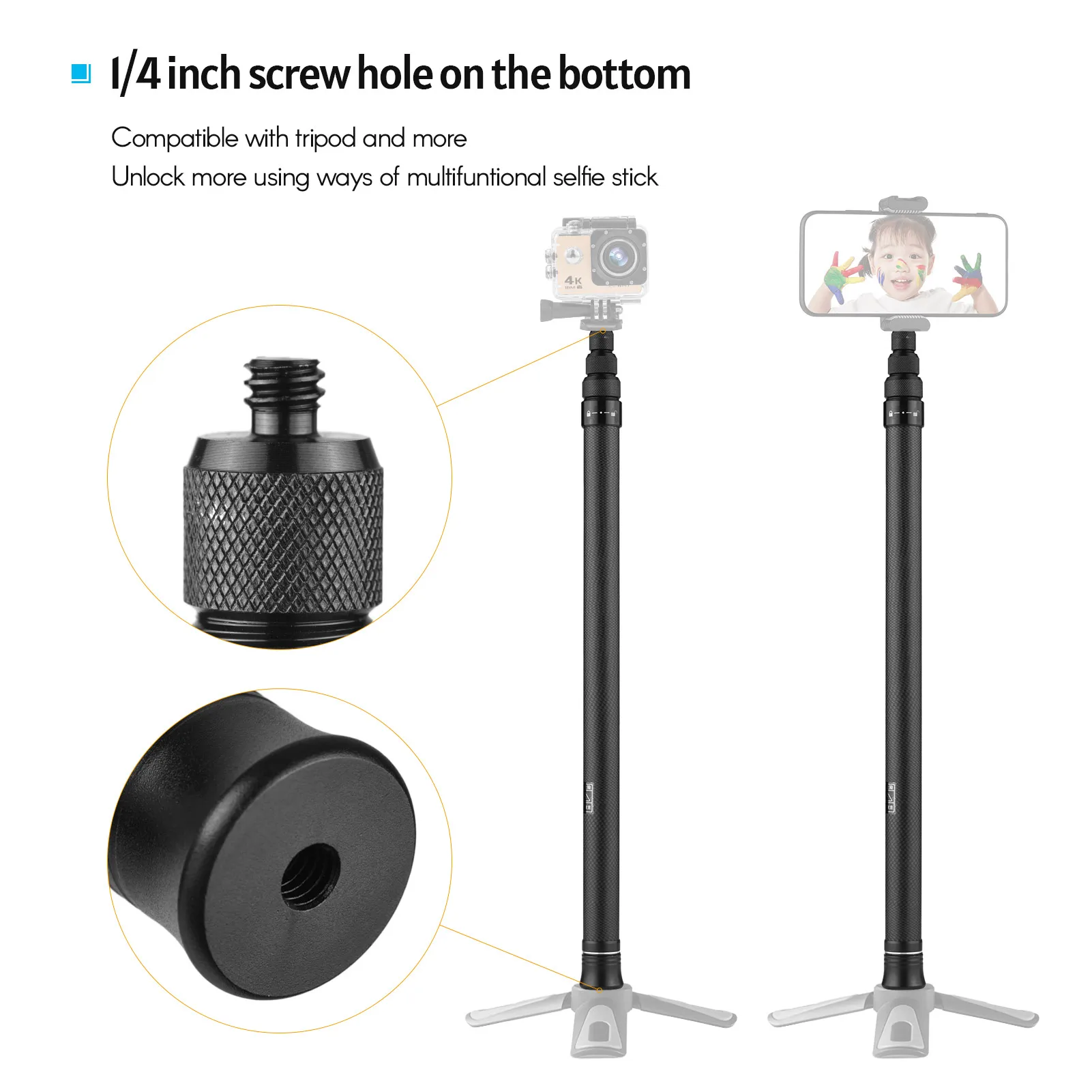 Selfie Stick 3M 1.5M Carbon Fiber Adjustable Extension Pole With 1 4 Inch Screw For Insta 360 One X One X2 R
