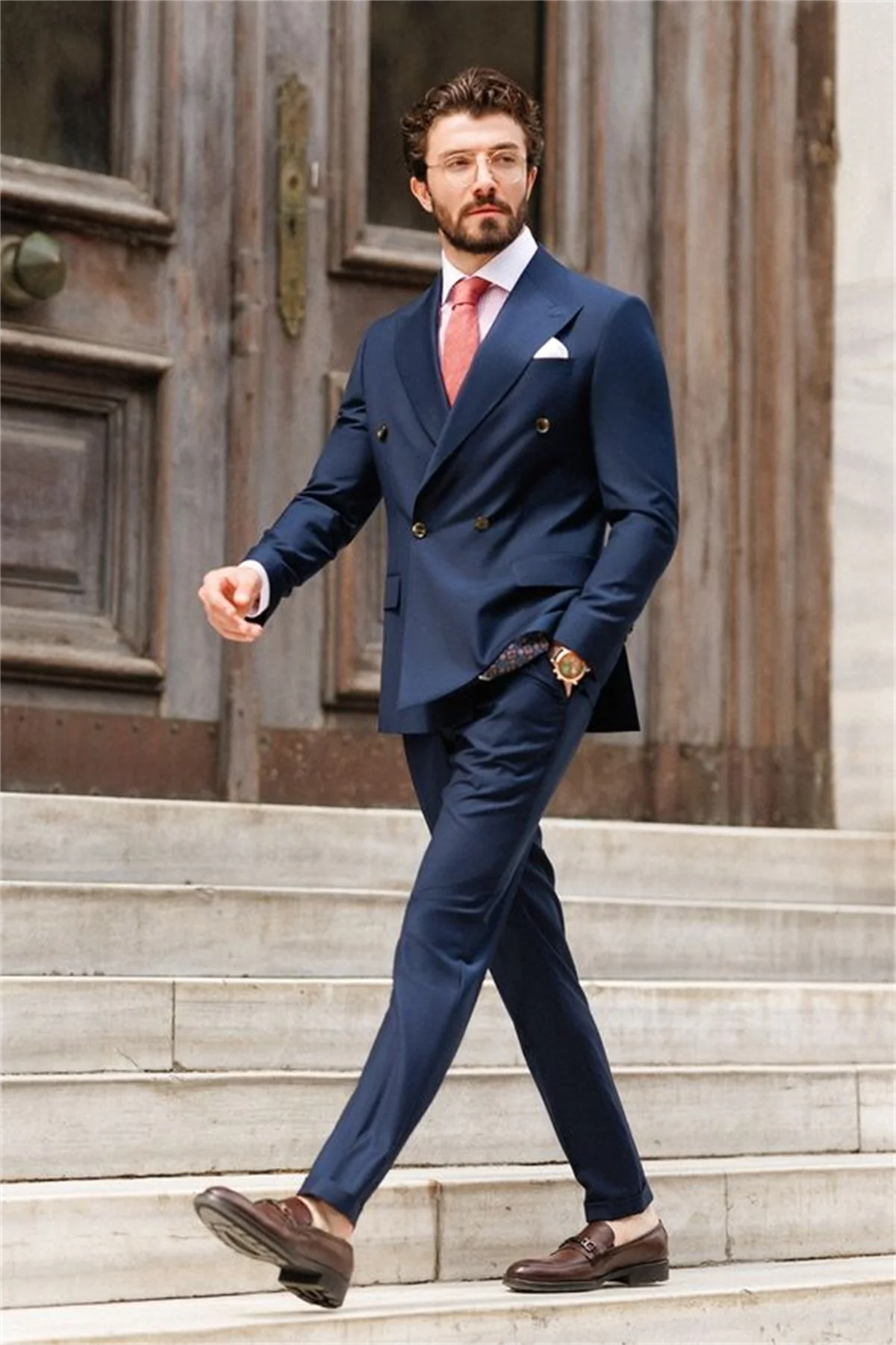 Business Double-breasted Navy Blue Suits For Men Slim Fit Wedding Groom Tuxedos 2 PCS Sets Office Work Male Blazer Costume Homme