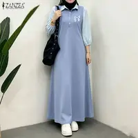 فستان عباية نسائي مسلم طويل من ZANZEA، بتصميم أزرار نصفية وياقة وأكمام منفوخة وتطريز، فستان طويل أنيق وعصري للمحجبات. 1 فستان عباية نسائي مسلم طويل من ZANZEA، بتصميم أزرار نصفية وياقة وأكمام منفوخة وتطريز، فستان طويل أنيق وعصري للمحجبات. 4