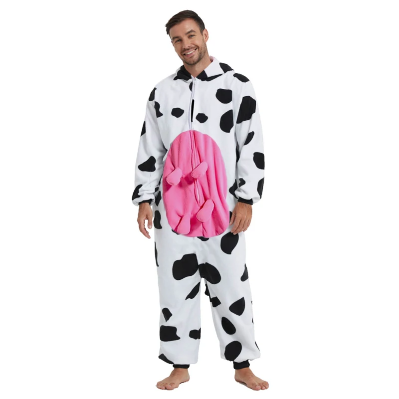 Cow adult unisex animal cosplay game costume kigurumi men one piece pajamas halloween christmas party hooded cartoon pajamas