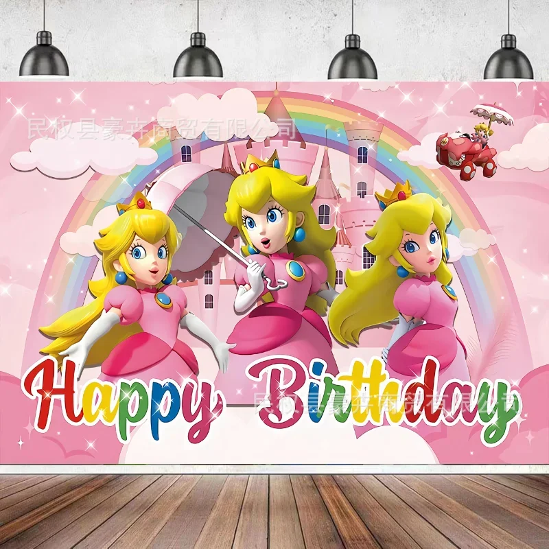 Super Mario Bores Anime Party Decoration Supplie Princess Peach Background Photography Vinyl Wall Hanging Decoration Photo Banner