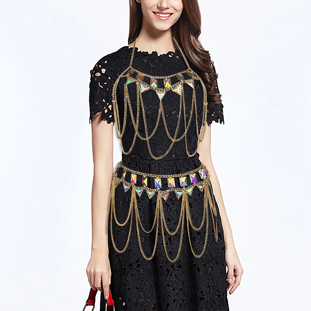 

Boho Shiny Acrylic Crystal Body Chain Set Adjustable Tassel Tank Top Women Halter Beach Bra Chain Waist Chain Nightclub Festival