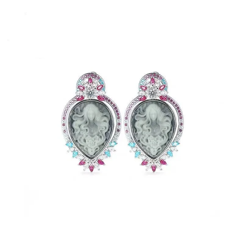 

ZOCA New Design Lady Dumessa Cameo Earrings For Women Push Back Stud Antique 925 Sterling Silver Fashion Fine Jewelry