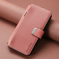 Luxury Leather Flip Case with Detachable Zipper Wallet and MagSafe for Moto Edge 70 (Pink)