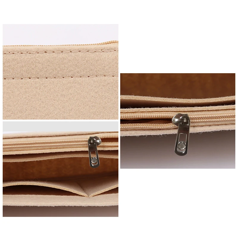 Organizador Interior Para Bolsos De Mujer - 2 Piezas De Fieltro, Con Cremallera Y Múltiples Bolsillos, Color Beige, Mantiene La Forma Del Bolso