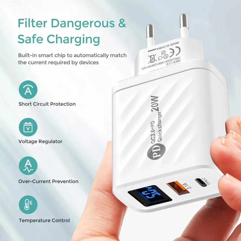 2 Ports Digital Display Chargers Quick Charge 20W PD USB Type C Charger Adapter for IPhone 14 15 Pro Max Samsung Xiaomi Huawei