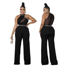 

Zoctuo Sleeveless Neck Hanging Jumpsuit Women Black Solid Color Mesh Overalls One-piece Pants Sexy Outfits Bodysuit Woman Clothe