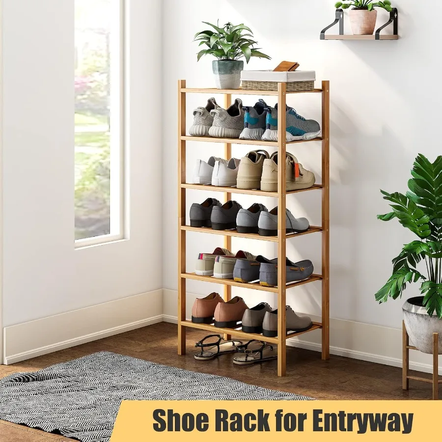 6Tier Small Shoe Rack for Entryway Stackable Heavy Duty MultiFunction Bamboo Free Standing Shoe Racks for Bedroom Hallway Close