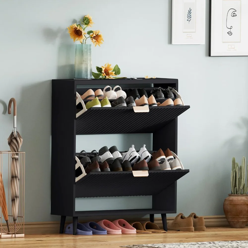 Modern Shoe Cabinet with 2 Flip Drawers, Freestanding Entryway Organizer, Black Narrow Shoe Rack Storage