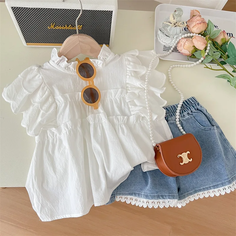 

Kids Clothes Girl Stylish and Comfortable Girls' Cotton Korean Version Top With Lace and Denim Shorts Set Girls Clothes 1-7Y