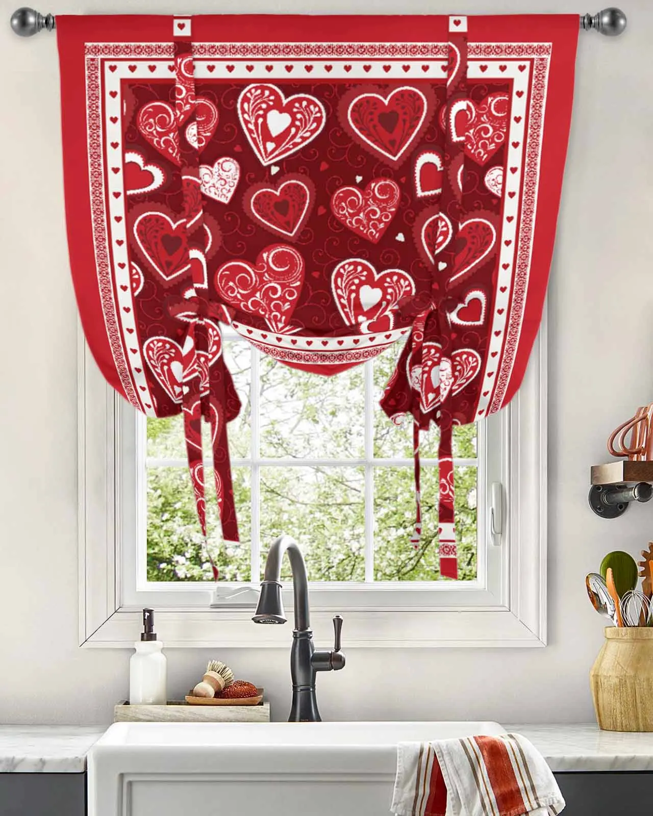 

Valentine'S Day Love Romance Festival Window Curtain for Living Room Adjustable Curtains for Kitchen Cafe Tie Up Short Drapes
