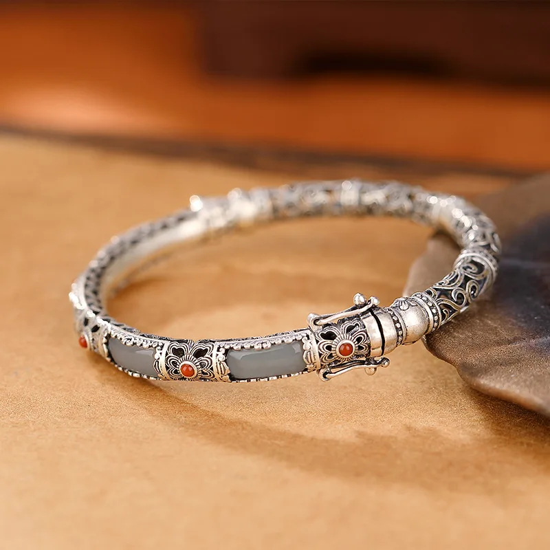 Sterling Silver Bracelets for Women New Women's Fashion Hollow Butterfly Pattern Jade Bangle Pure Argentum Jewelry 3