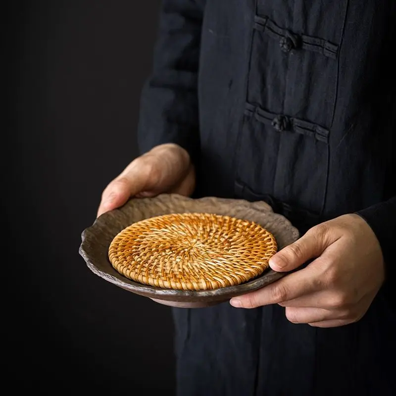 Creative Coarse Pottery Wicker Pot for storing water Dry Brewing Tray Kung Fu Tea Set Accessories Chinese Style teapot Tray, 1Pc