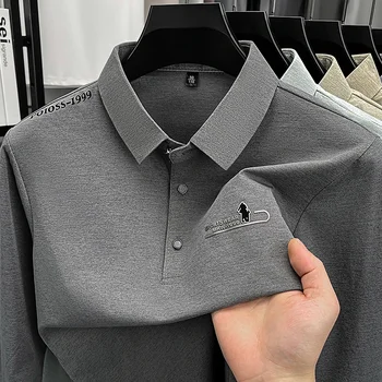 Polo a maniche lunghe da uomo con logo stampato, tessuto morbido e traspirante, top casual da lavoro per l'uso quotidiano