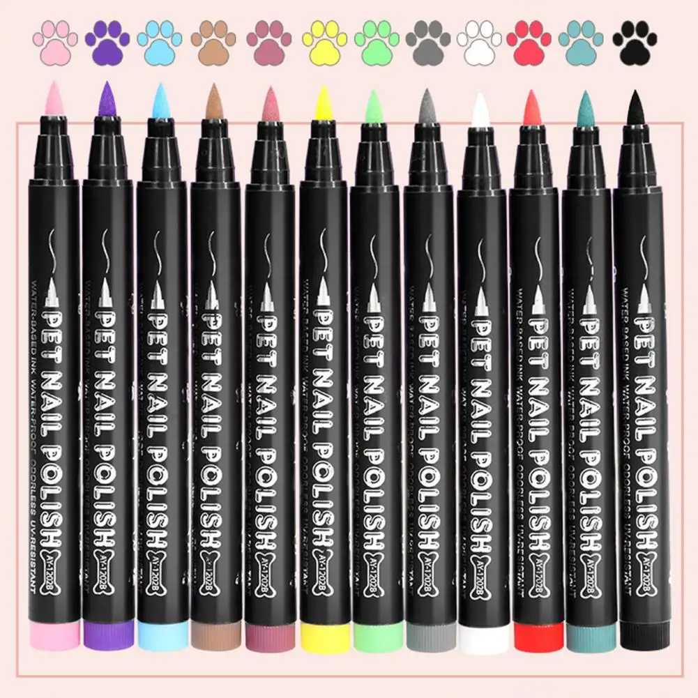 Pet Paw Nail Art Kit 12-color Quick Dry Pet Nail Art Pen Set for Puppy Cat Soft Brush Tip Dog Polish Pens for Small