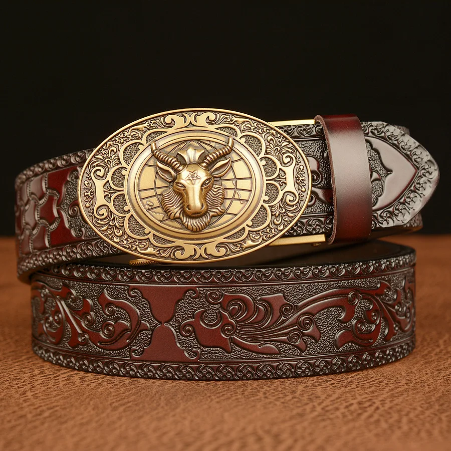 High-quality Men Belt Genuine Leather Sheep Head Retro Automatic Buckle Classic Fashion Personalized Carved Casual Jeans Belt