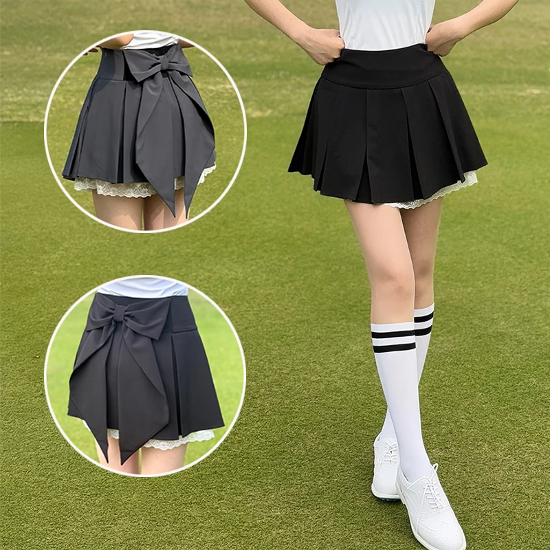 SG Sweet Bow Lace Women Golf Skirts Korean A Line Pleated Skirts Ladies High Waist Streetwear All Match Golf Skorts Mini Culotte