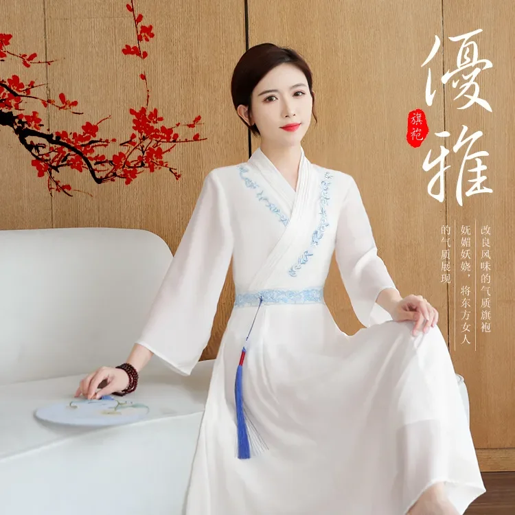 

2023 New Summer Women's Dress Traditional Chinese Hanfu V-Neck Embroidery Dress Slim Tassels Classical Elegant Woman Clothing