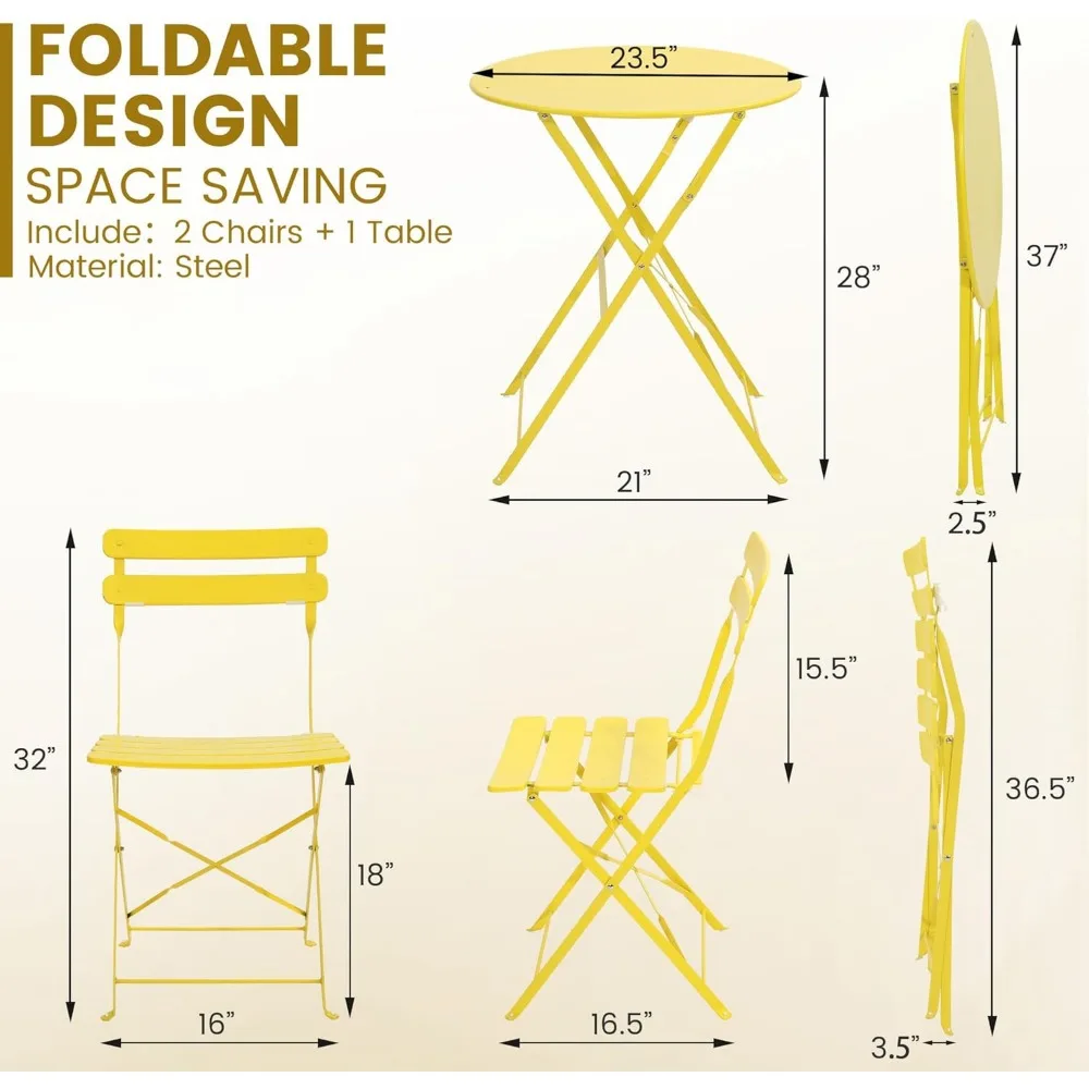 Outdoor 3 Piece Patio Bistro Set, Folding Bistro Table and 2 Folding Chairs, Patio Conversation Furniture Set, Space Savi 6