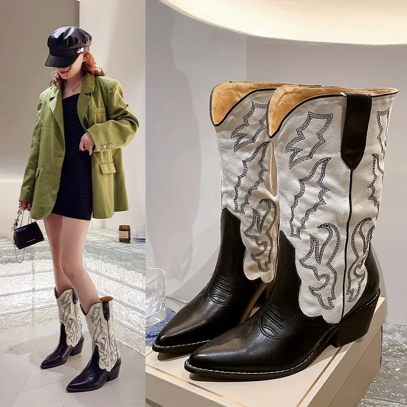 

Western Chunky Heel Cowboy Boots Women Embroidered Pointes Toe Black Leather Mixed Colors Mid Boots Winter Designer Shoes