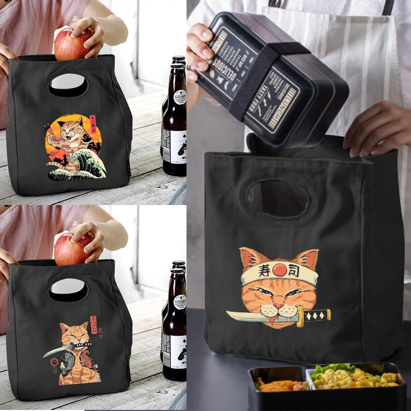 

Samurai Cat Print Black Lunch Bags Cooler Totes Portable Insulated Box Canvas Thermal Cold Food Container Picnic for Women