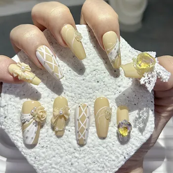 10pcs 3D Rose Bow Yellow Handmade Press On Nails Lace Bow Pearls Love Diamonds Fake Nails Elegant Cute Ballet Nail Art 1