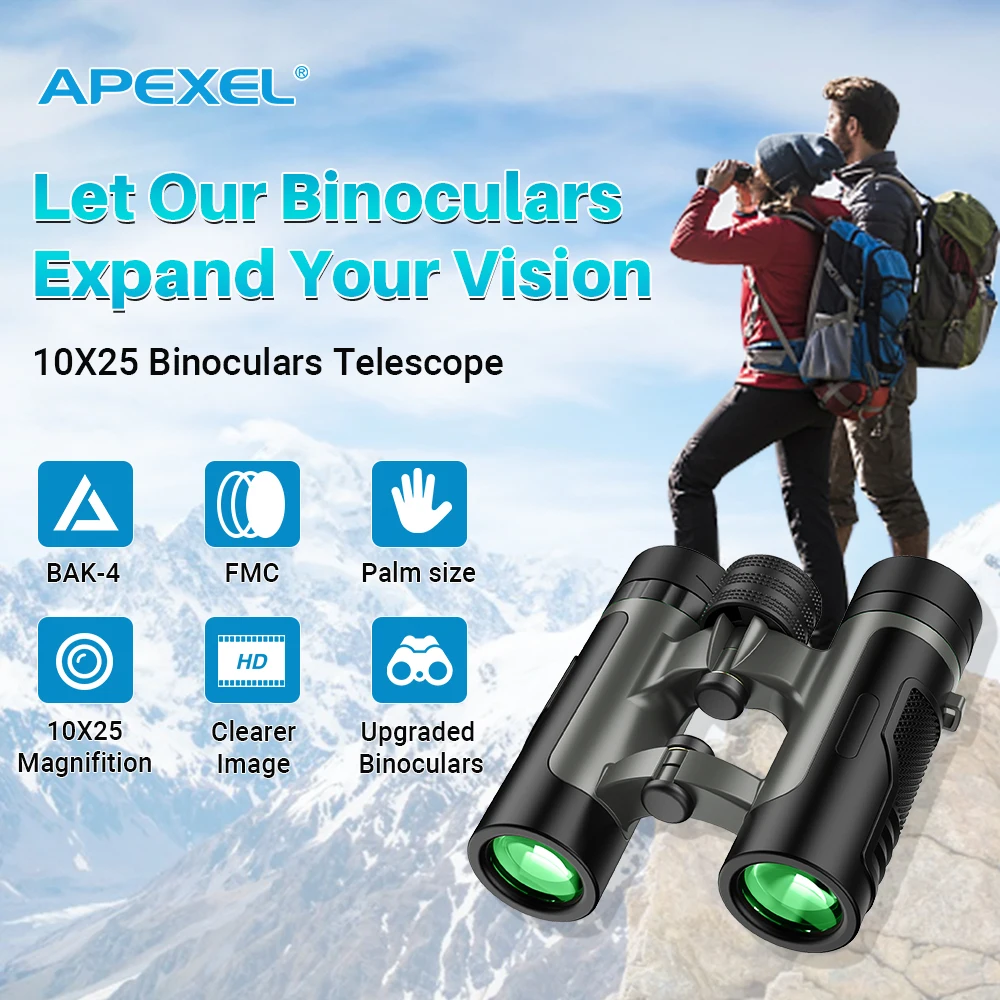 APEXEL 10x25 High Powered Binoculars With Low Light Night Vision Folding Easy Focus Binocular