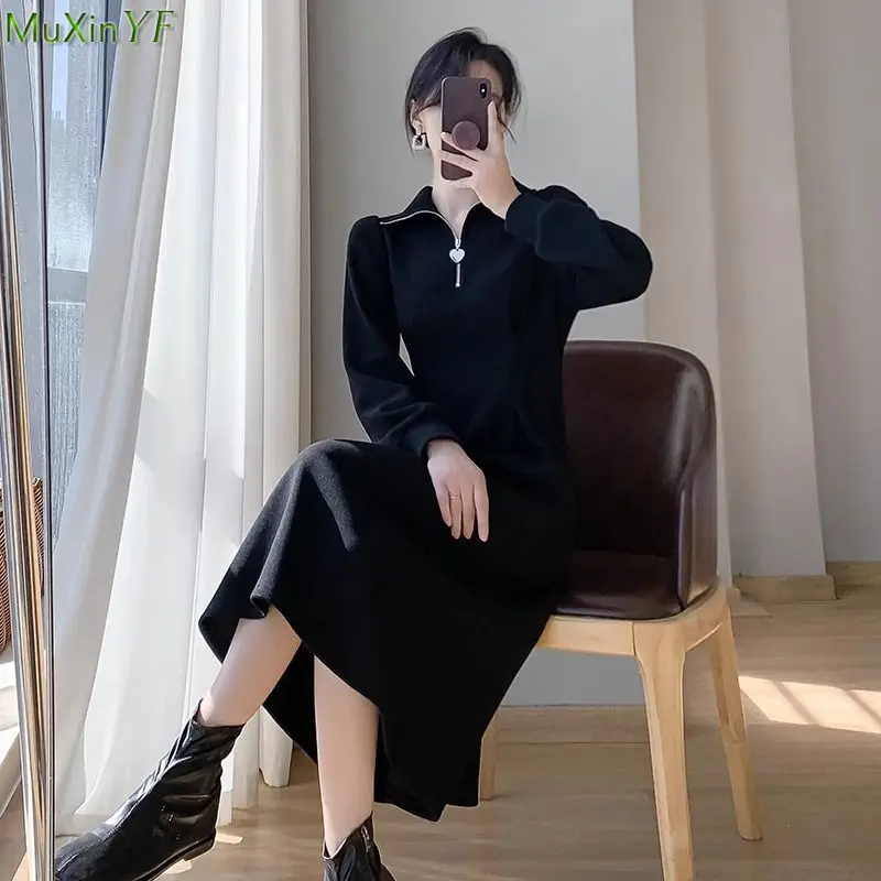 2023 Spring Autumn New Women Slim Black Midi Dress Korean Lady Casual Sports Polo Collar Solid Dresses Fashion Streetwear Female