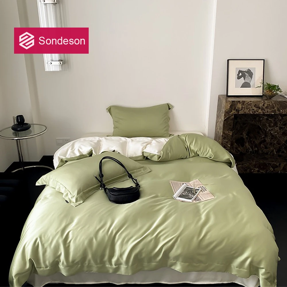 Sondeson 더블 컬러 100% 실크 침구 세트, 뷰티 라이트 그린 이불 커버, 플랫 시트 베개 케이스, 킹 퀸 장착 시트 세트 