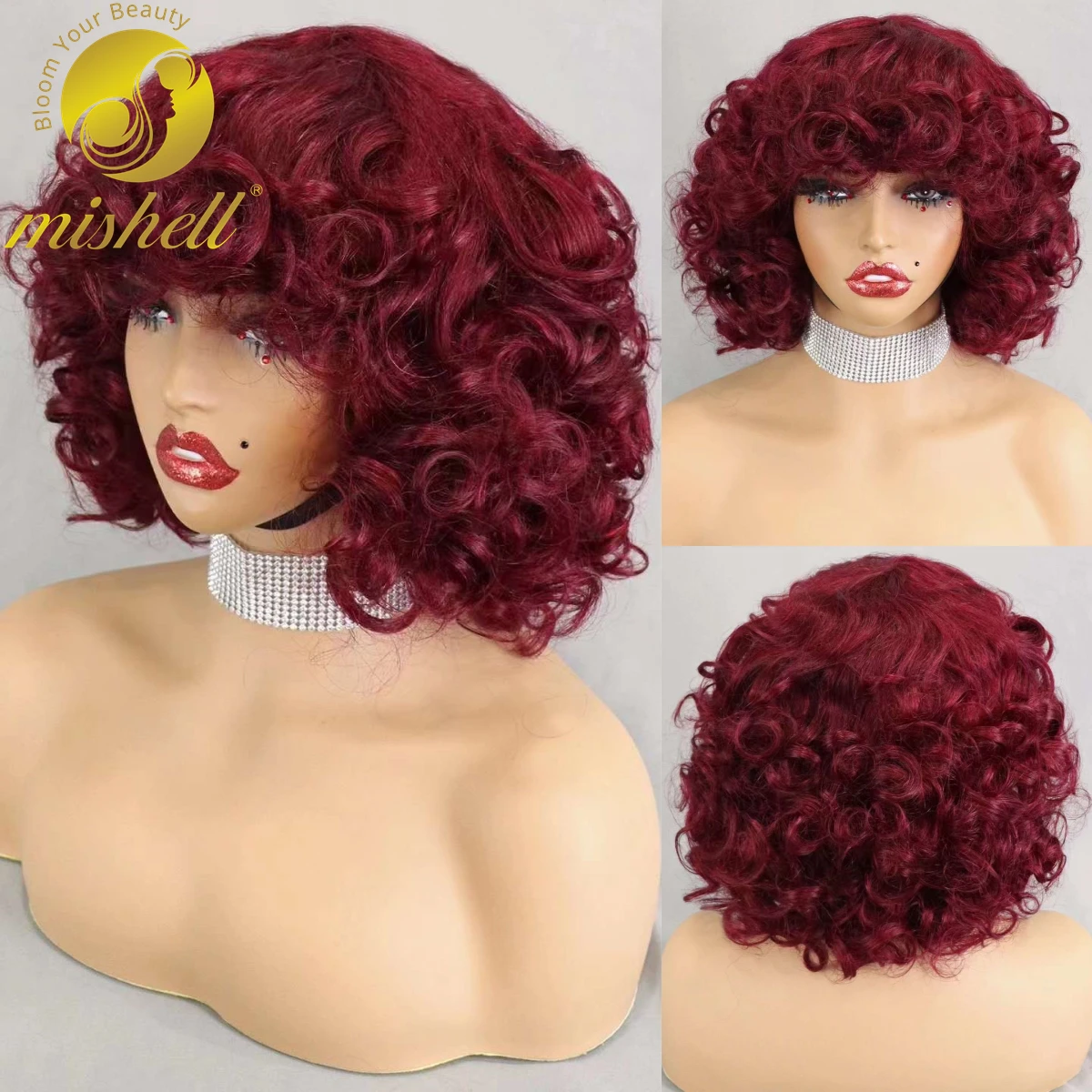 Human hair wigs 200% Density 99J# Burgundy Bouncy Curly Human Hair Wigs with Bangs Short Machine Made Loose Curly Bob Wigs PrePlucked for Women