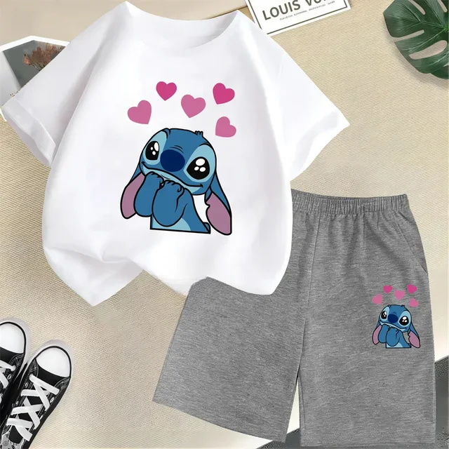 Conjunto de dos piezas de camiseta y pantalones cortos de Disney Stitch para niños de verano 2024, conjunto de pantalones cortos de manga corta informales a la moda para niños y niñas, ropa para niños