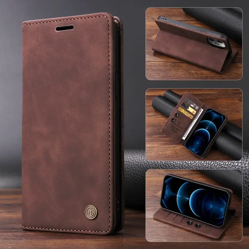 Matte Leather Flip Cover Wallet Case with Magnetic Retro Design