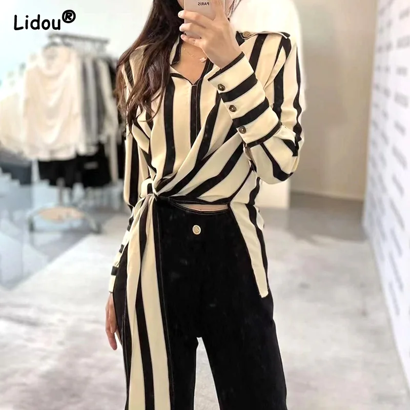 Women's High-quality Long Sleeve Shirt Korean Striped Thin Long Lace-up Women's Clothing V-Neck Metal Buttons Slim Spring Summer