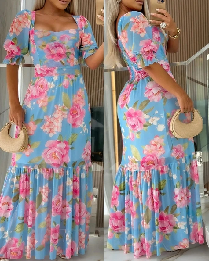 

Summer Fashion Women's New Style Floral Print Shirred Ruffle Hem Dress Temperament Commuting Leisure Comfortable Dress