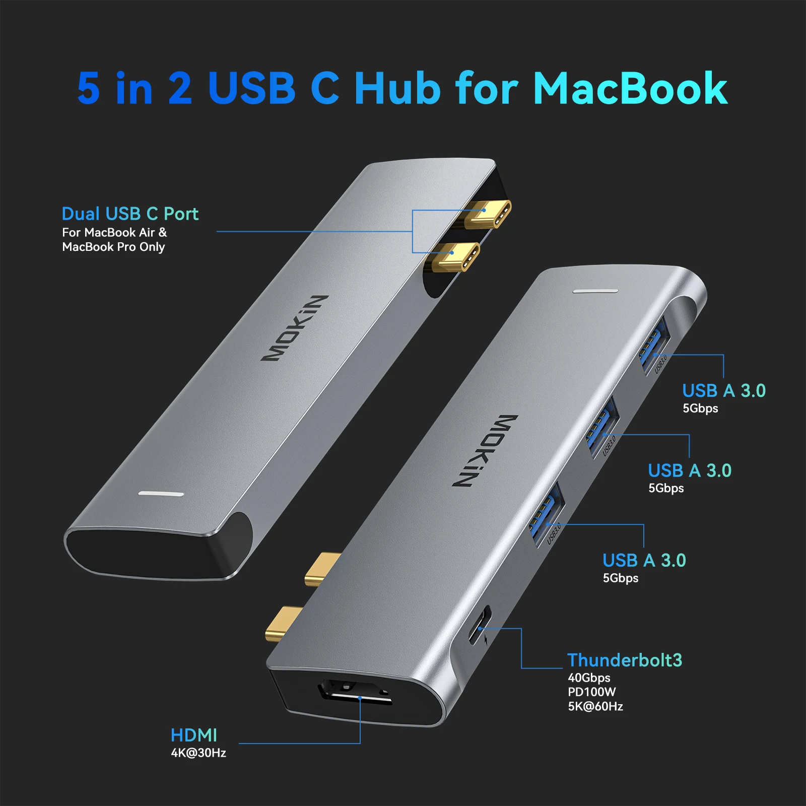 MOKiN USB 3.0 C타입 어댑터, 맥북 프로 에어용 도킹 스테이션, PC 액세서리, USB 허브, 4K, 30Hz, HDMI, Thunderbolt3, 5Gbps