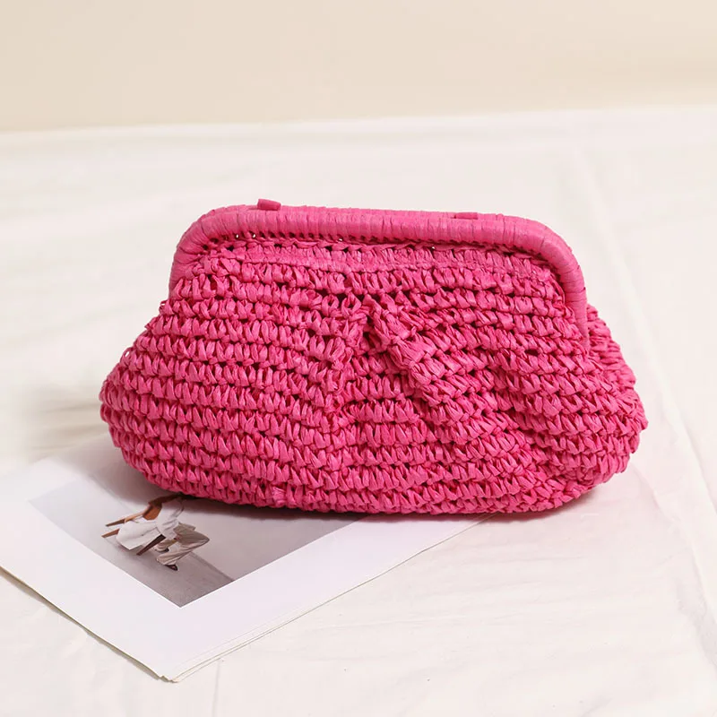 2025 New Women Straw Woven Bag Chain Strap Straw Clutch Purse Large Capacity Stylish Crossbody Bag Solid Color for Summer Beach 3