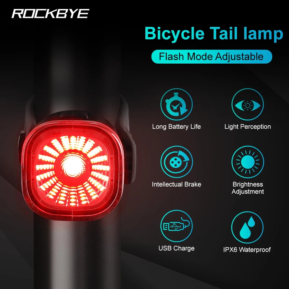RockbyeSmartBicycleRearLightLEDUSBRechargeableBikeTaillightSafetyIPX6Waterproof