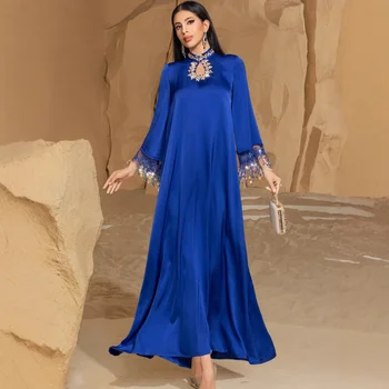 Royal Blue Satin Abaya Dress with Crystal Keyhole Neck & Holographic Tassel Sleeves, Dubai Kaftan for Party Wedding 1