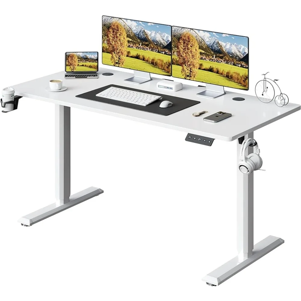 An ergonomic white desk with multiple monitors, a laptop, cup holder, headphone holder.