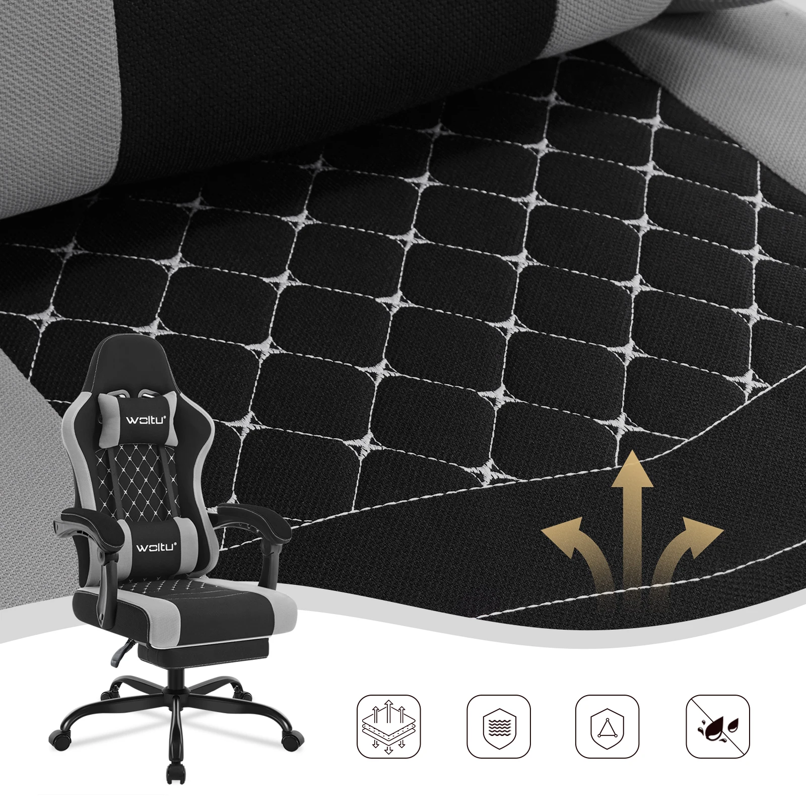 WOLTU Gaming-Stuhl, ergonomisch, drehbar, für Computer, Gamer, Massage, Bürostuhl mit Kissen, Fußstütze, verstellbare Kopfstütze, Lordosenstütze – Detail 10
