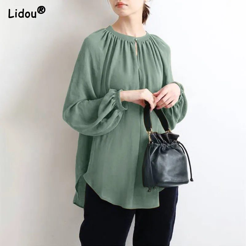 

Смешанная офисная женская однотонная пуговица, женская одежда с круглым вырезом, синтетическое волокно, весна-лето, тонкий пуловер, трендовая женская рубашка