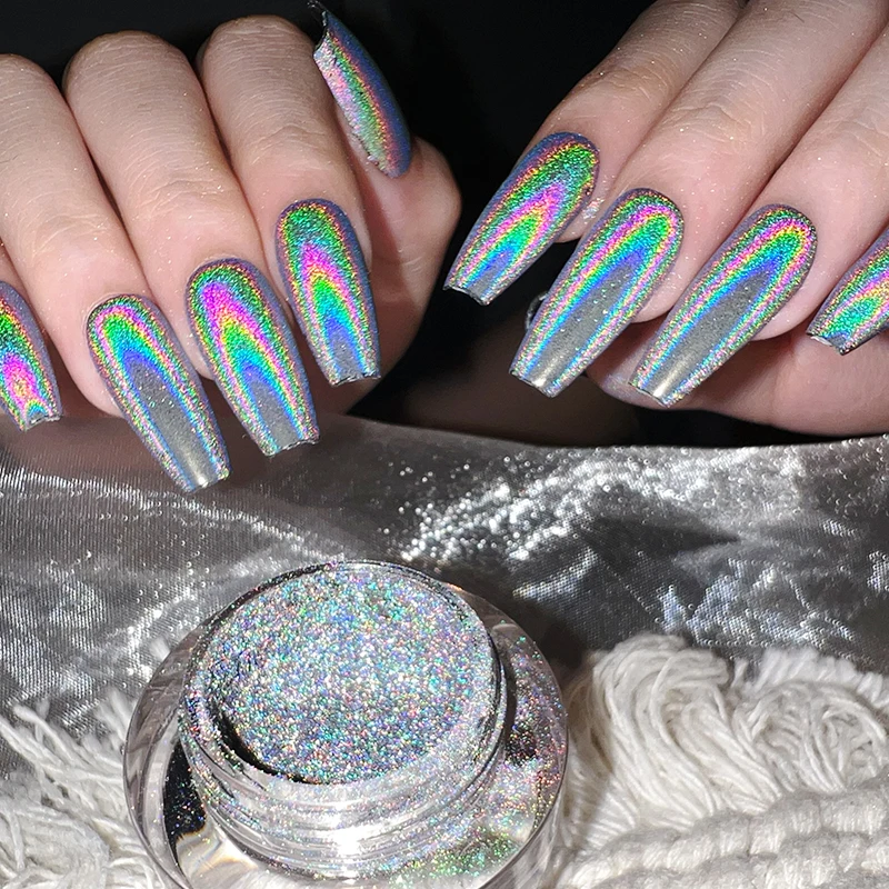 HNDO New Nails Silver Holographic Powder Rainbow Effect Professional Manicure Nail Art Unicorn Laser Pigment Dust Design