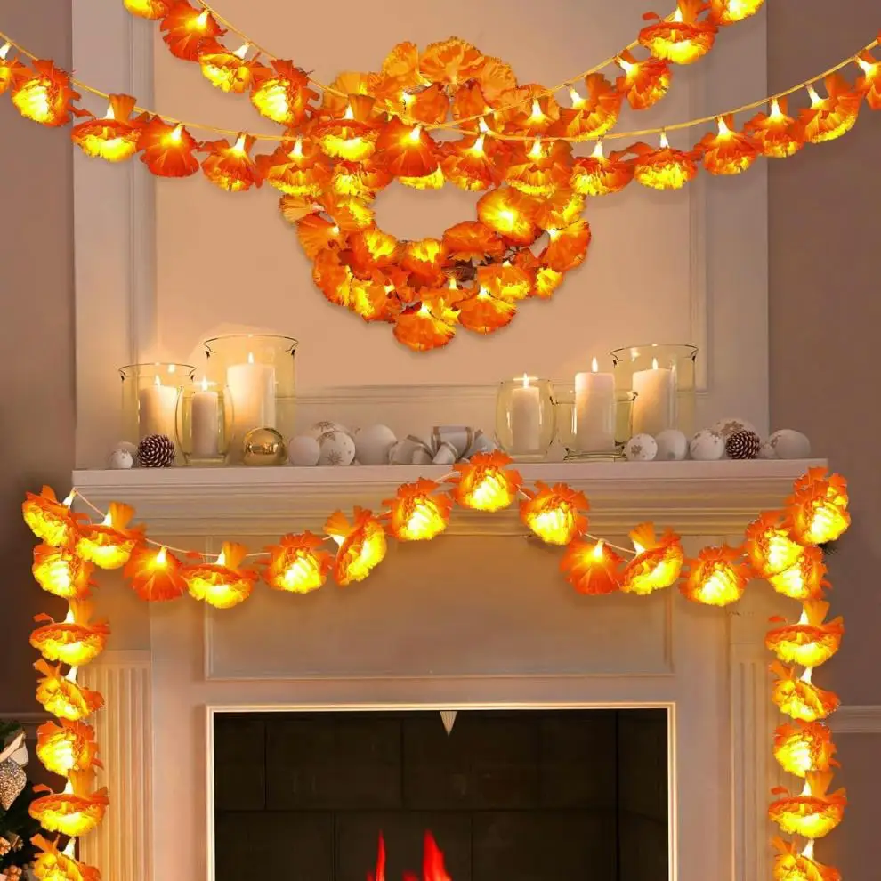 1,5 m lange orangefarbene Ringelblumengirlande mit LEDs für den Tag der Toten, Halloween, Diwali, Urlaub, Party, Heimdekoration, Weihnachtszubehör – Detail 1
