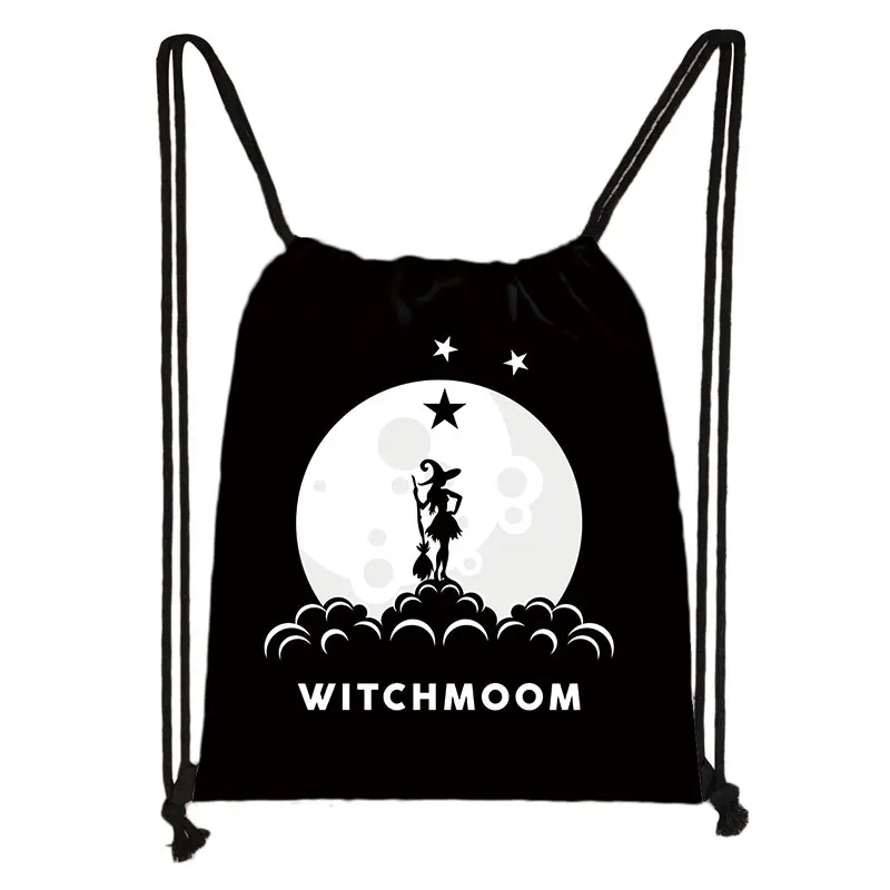 Witch Witchcraft Print Backpack Witchy Woman Drawstring Bags Moon Star Cat Storage Bag for Travel Shoes Holder Wicca Bookbag 2