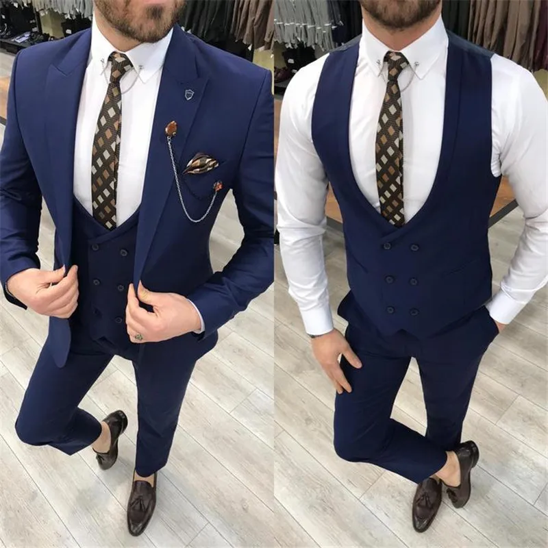 2024 Lastest Jacket Vest Pant Design Peak Lapel Navy Mens Suit Slim Fit Tairol Made 3 Pieces Groom Tuxedos Costume Homme Mariage