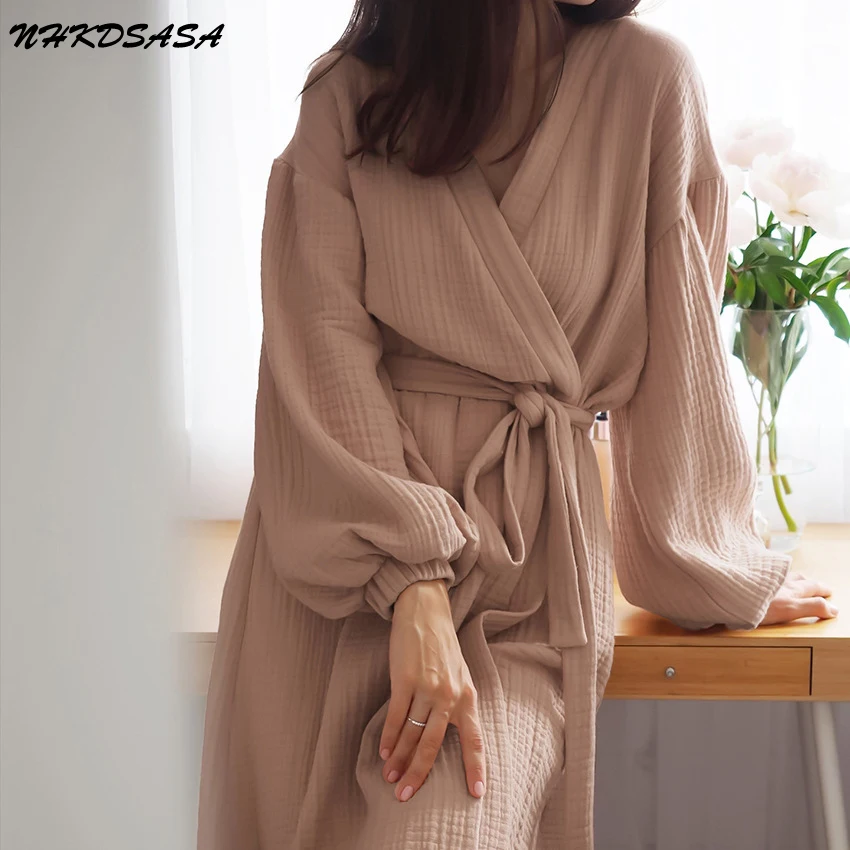 Solid Color Sleepwear Womens Robe Puff Sleeves Bathrobe Female Nightwear Cotton Robes Women Home Wear Spring Loungewear