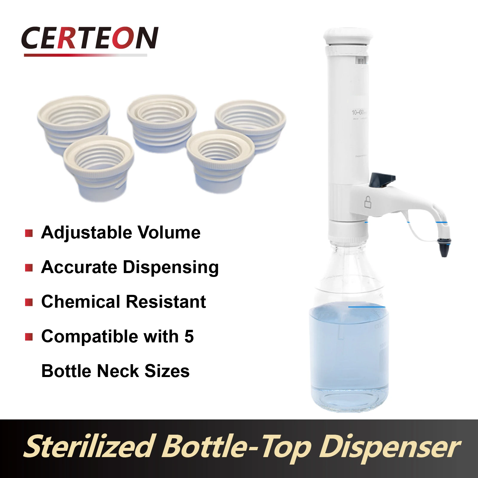 เครื่องจ่ายสารเคมีแบบปรับได้ 0.5-60ml สำหรับห้องปฏิบัติการ ทนการฆ่าเชื้อแรงดันสูง พร้อมหัวต่อขวด 5 ขนาด 1