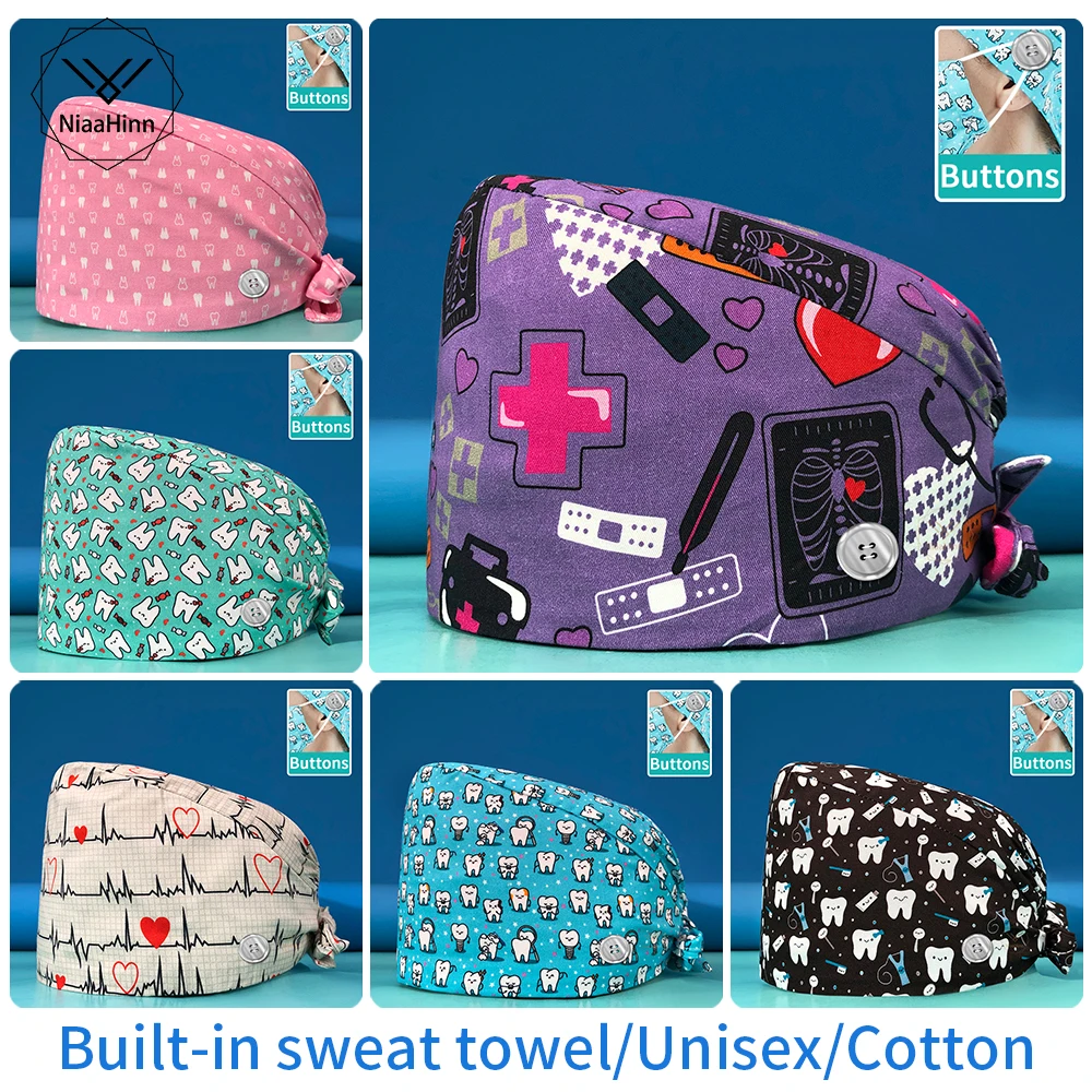 Cotton Print Scrubs Hats Laboratory Operator Cap Pet Grooming Agency